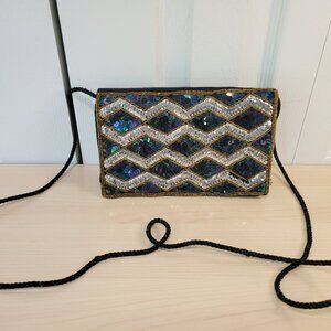 Vintage 80's Zig Zag Silver Blue Purple Iridescent Sequin Beaded Clutch w/ Strap